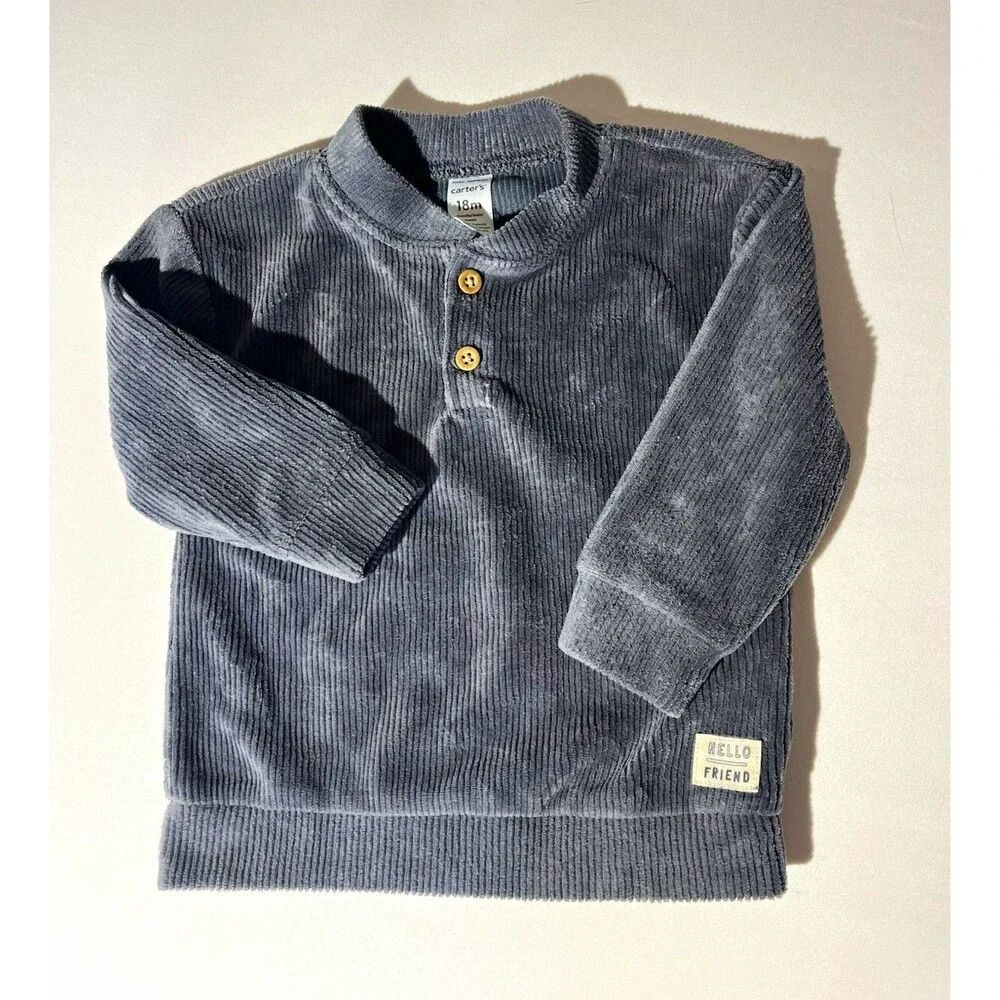 Carter's 12-18M Gray Corduroy Henley Long Sleeve Shirt Hello Friend